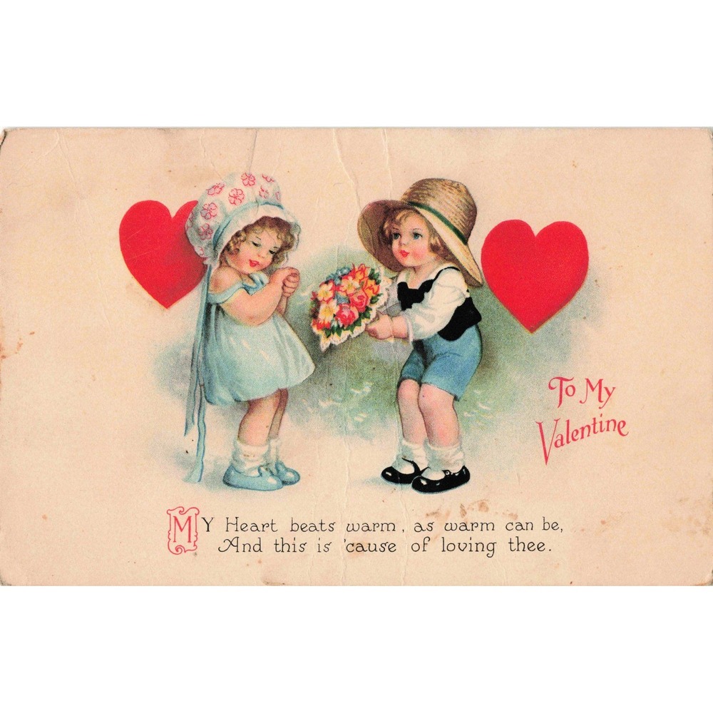 Valentine Postcard Antique Boy Girl Flowers Hearts Poem Lithograph VG-